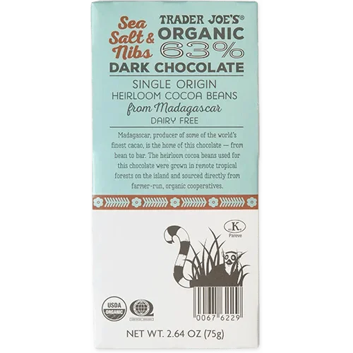 Trader Joes Organic Sea Salt & Nibs 63% Dark Chocolate Bar